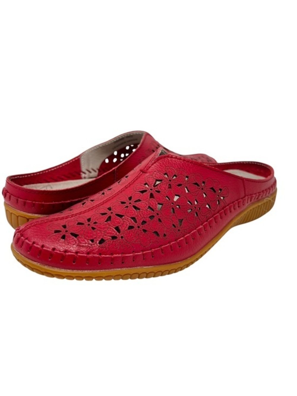 Spring Step Red Floral Laser-Cut Leather Slip-On Mules